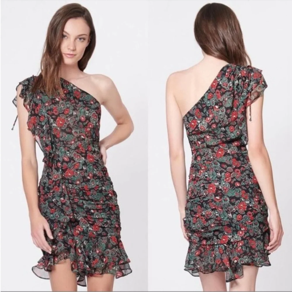 NWT Veronica Beard Ruched Floral Ruffled One Shoulder Mini Dress - Picture 2 of 14
